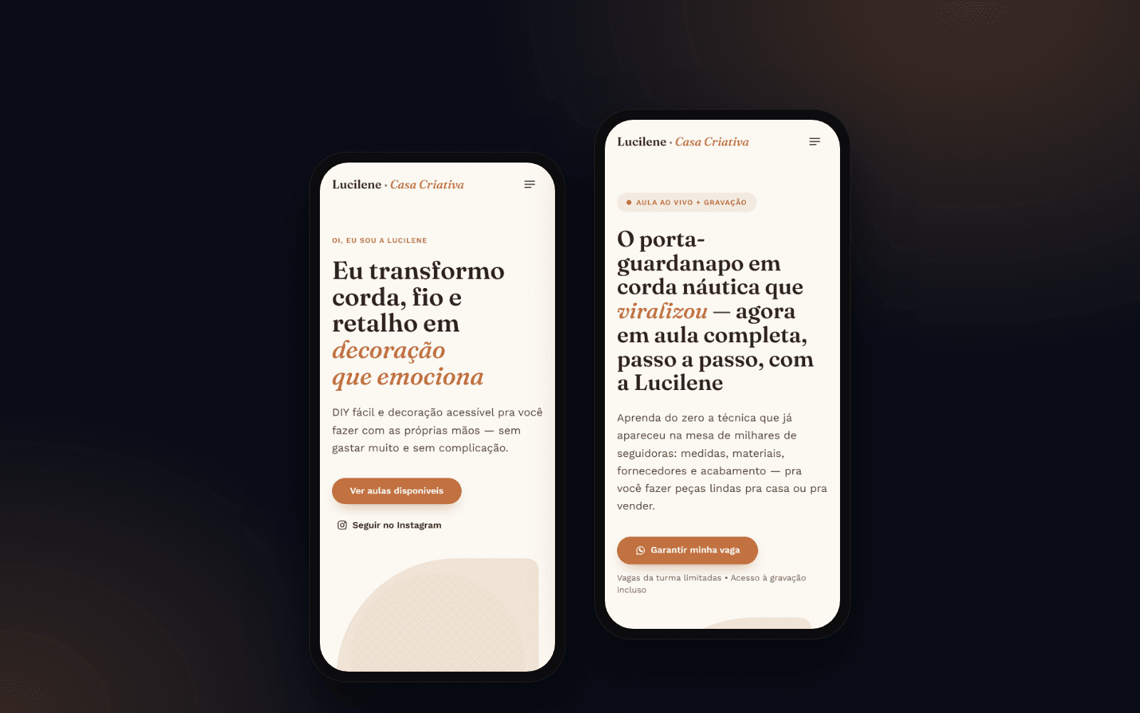 Página inicial e página de vendas da aula no celular